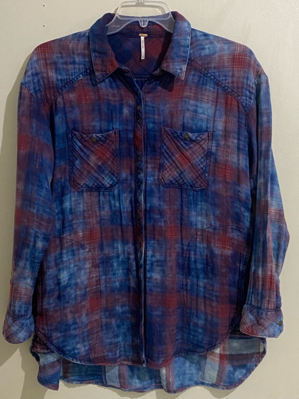Free People Oversized Blue and Burgundy Double Cloth Plaid Top Button Up M
